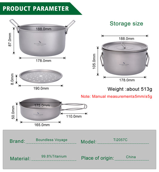 Boundless Voyage Multifunctional Titanium Cookware Set, 1900ml Soup Stockpot + 900ml Frying Pan with Lid & Tea Tray, Portable Outdoor Camping Mess Kit Ti2057C