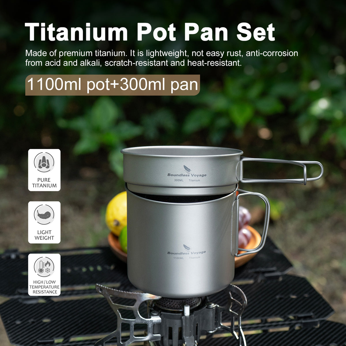 Boundless Voyage Ti2053C titanium pot and pan set on outdoor table