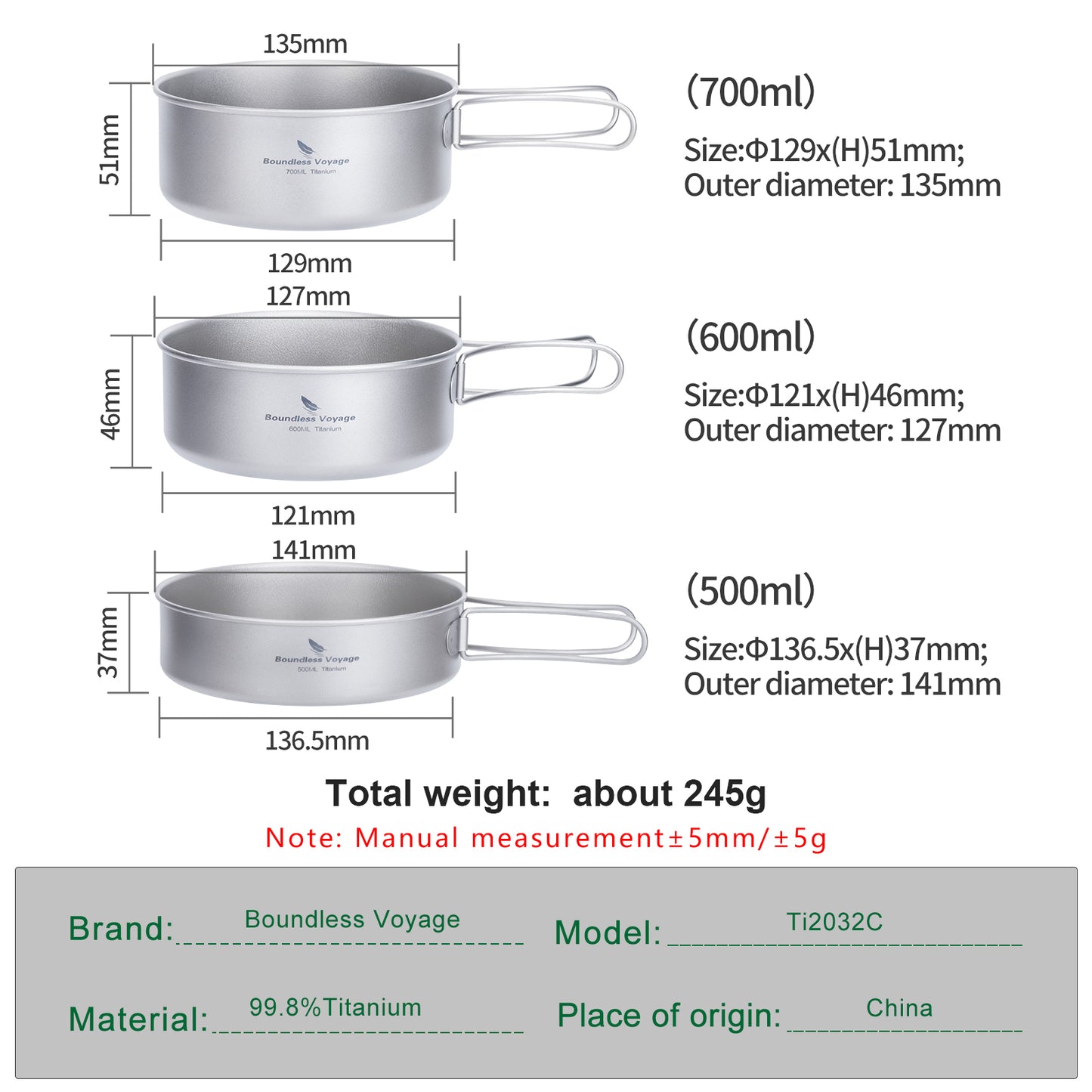 Boundless Voyage Pure Titanium Camping Cookware Set 3Pcs Foldable Handle Stackable Outdoor Tableware Pot Pan Set Ti2032C