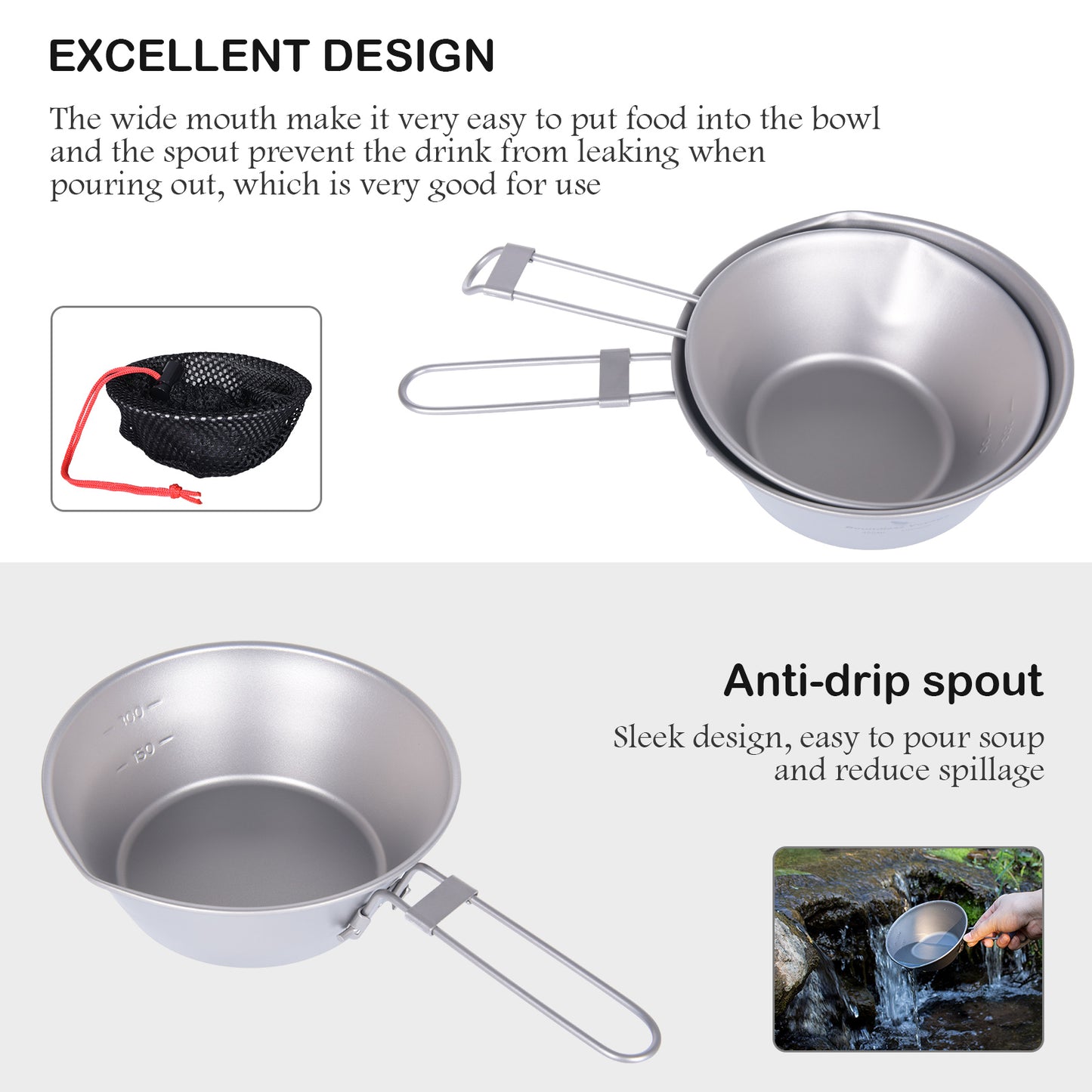Boundless Voyage Titanium Sierra Bowl Foldable Handle Anti-Drip Spout, 300ml 450ml Camping Bowl Ti1087T-Ti1089T