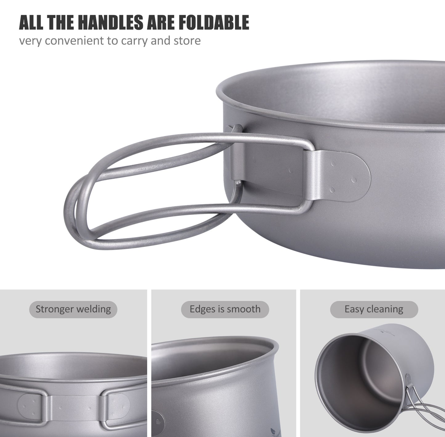 Boundless Voyage Ultralight Pure Titanium Cooking Set Folding Handle | Portable Outdoor Cooking Gear for Backpacking Hiking Picnic Travel Ti2050C-Ti2052C