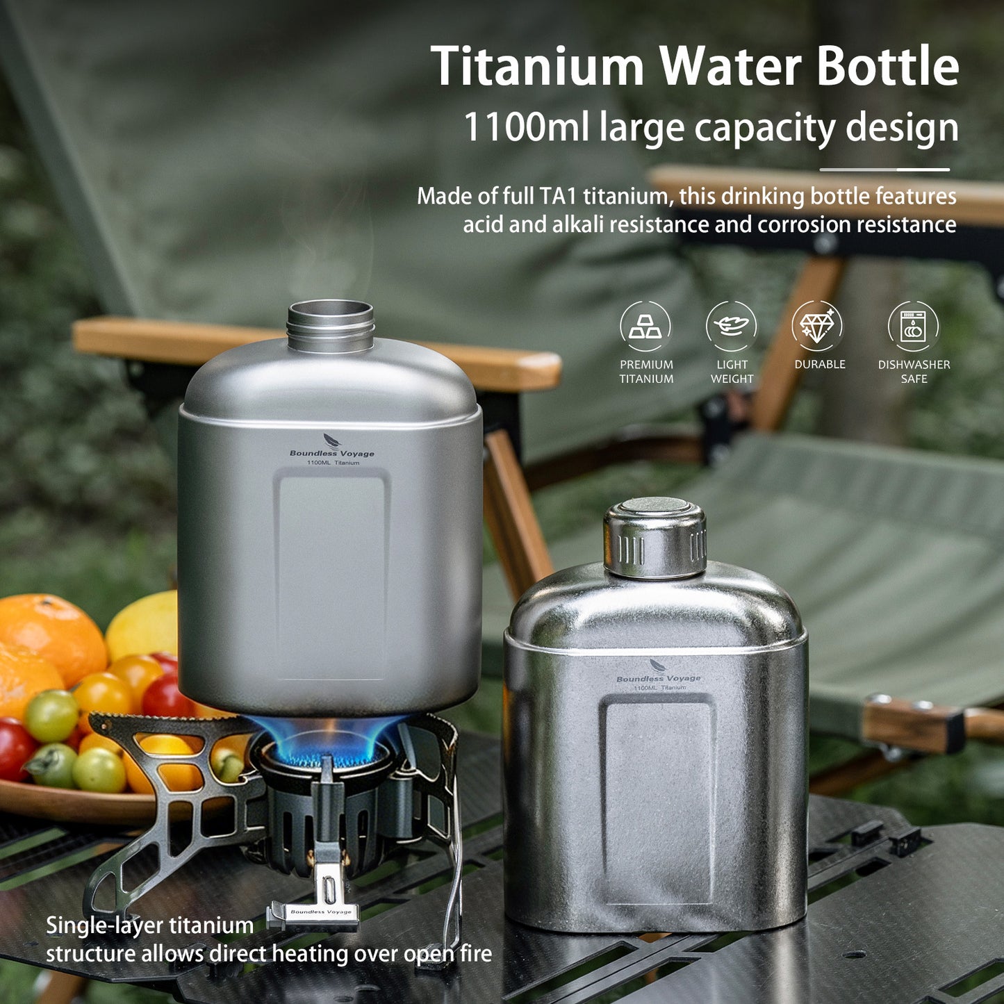 Boundless Voyage 1100ml TA1 Pure Titanium Canteen Bottle | Single Layer Open Flame Heatable Water Flask, Leakproof Double Wall Lid Military Outdoor Bottle with Crossbody Sleeve Ti3012D