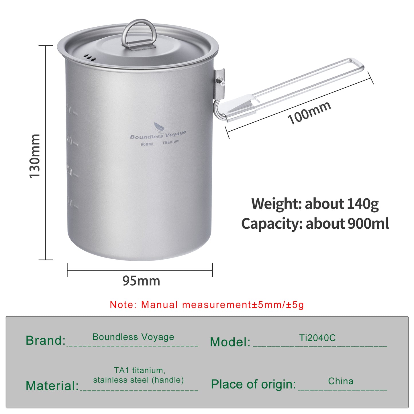 Boundless Voyage Outdoor Camping Titanium Pot Bowl Cup with Lid Folding Handle Hiking Picnic Water Rice Food 900ml Ti2040C