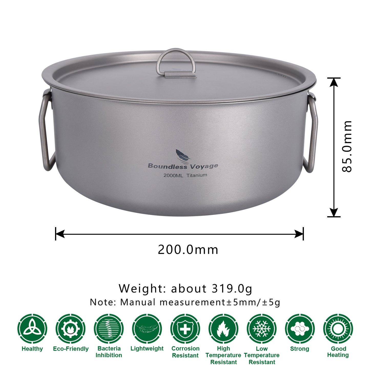 Boundless Voyage 2L Titanium Stock Pot with Lid and Folding Handle, Portable Lightweight Soup Pot for Outdoor Camping Hiking Picnic  Ti2054C