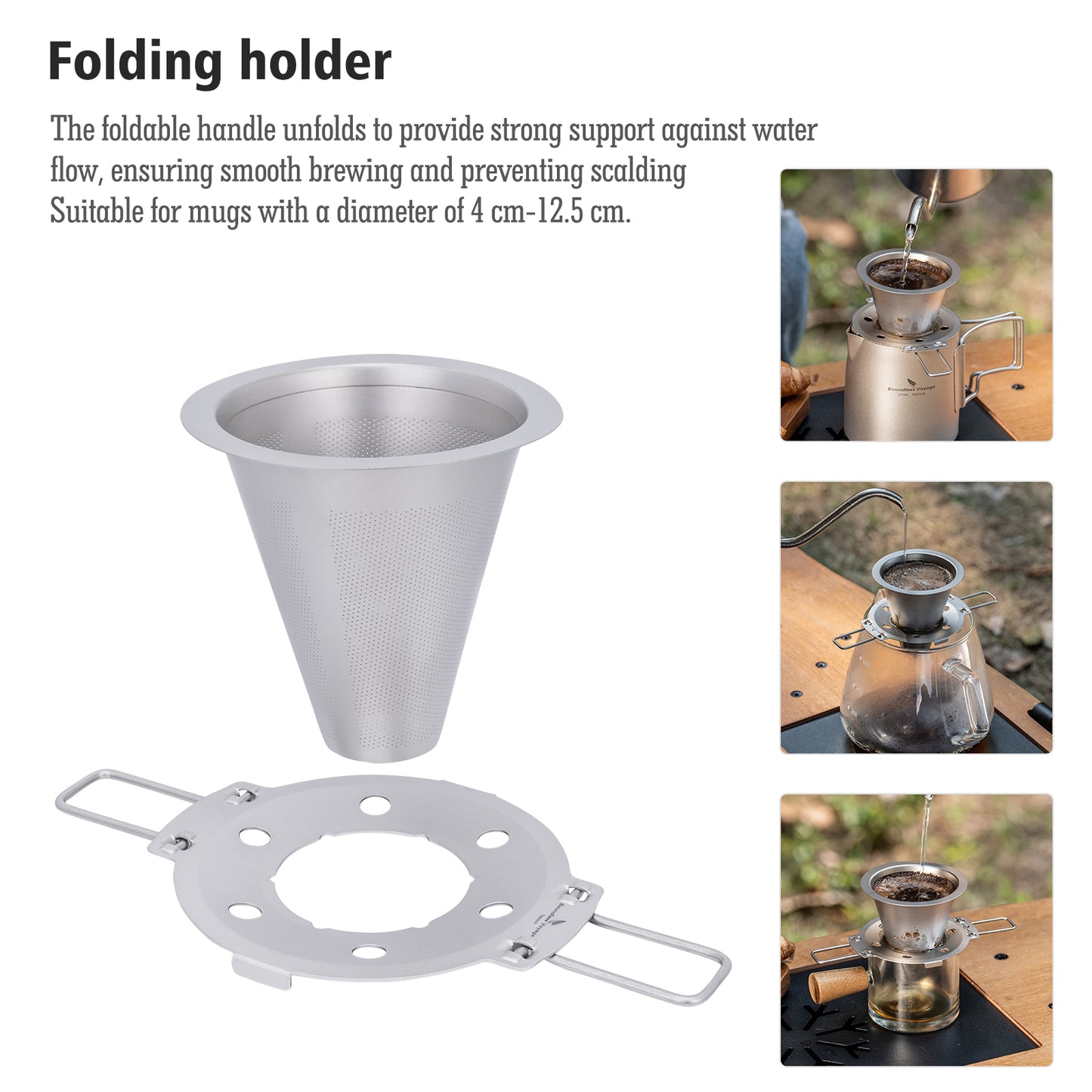 Boundless Voyage Titanium Pour Over Coffee Dripper, Paperless Reusable Metal Cone Coffee Filter with Foldable Holder, Portable Coffee Maker for Home Office Outdoor Travel Camping Ti6004P