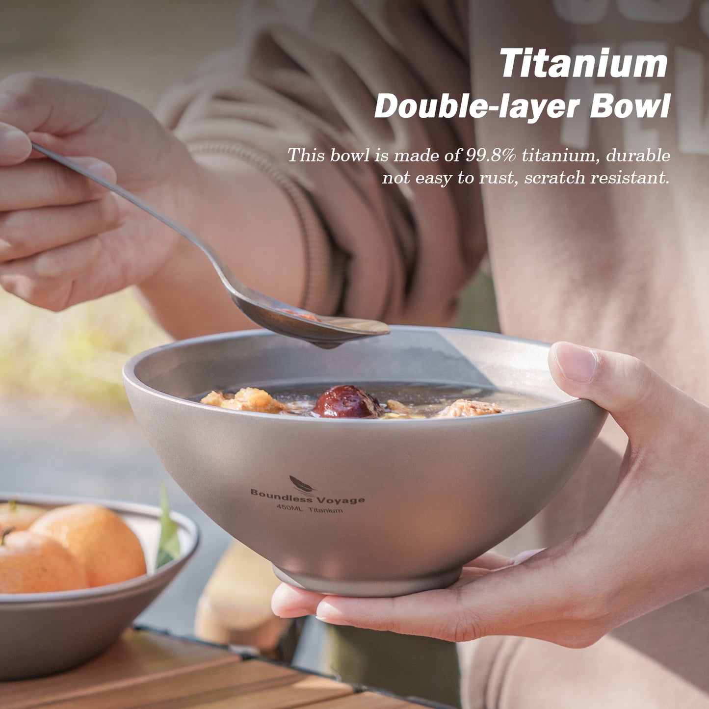 Boundless Voyage Titanium Double-Wall Bowl Set, 220ml & 450ml Nestable Anti-Scald for Family Camping Ti1085T Ti1086T