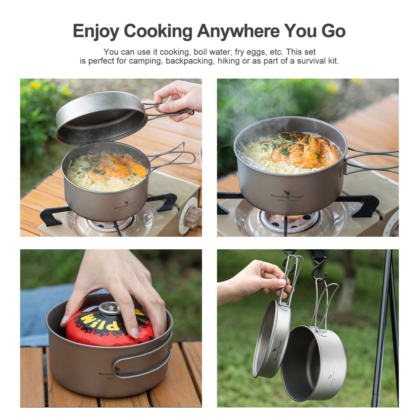 Boundless Voyage Titanium Pot & Pan Set with Collapsible Folding Handle, Portable Lightweight Cookware for Camping Hiking Backpacking Outdoor Cooking Ti2042C