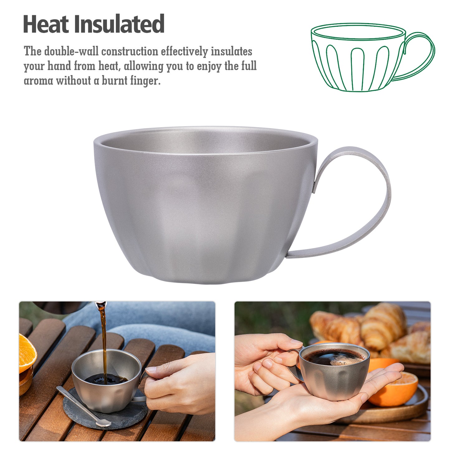 Boundless Voyage 120ml Titanium Espresso Cup, Double‑Wall Heat‑Insulated Coffee Mug with Fixed‑Handle, Compact Light‑Weight for Home, Office, Travel and Camping Ti3088D