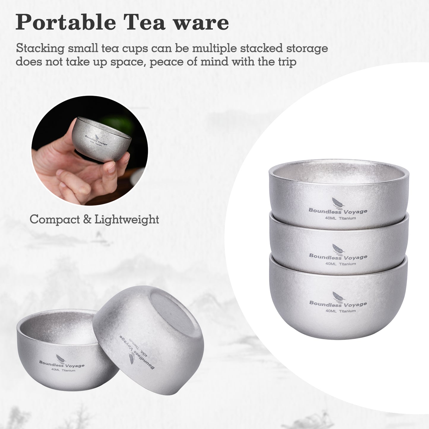 Boundless Voyage 40ml High-Temp Crystalline Finish Double-Wall Titanium Sake Cup & Kung Fu Tea Cup, Portable Mini Mug for Camping, Picnic & Daily Home Use Ti3204D