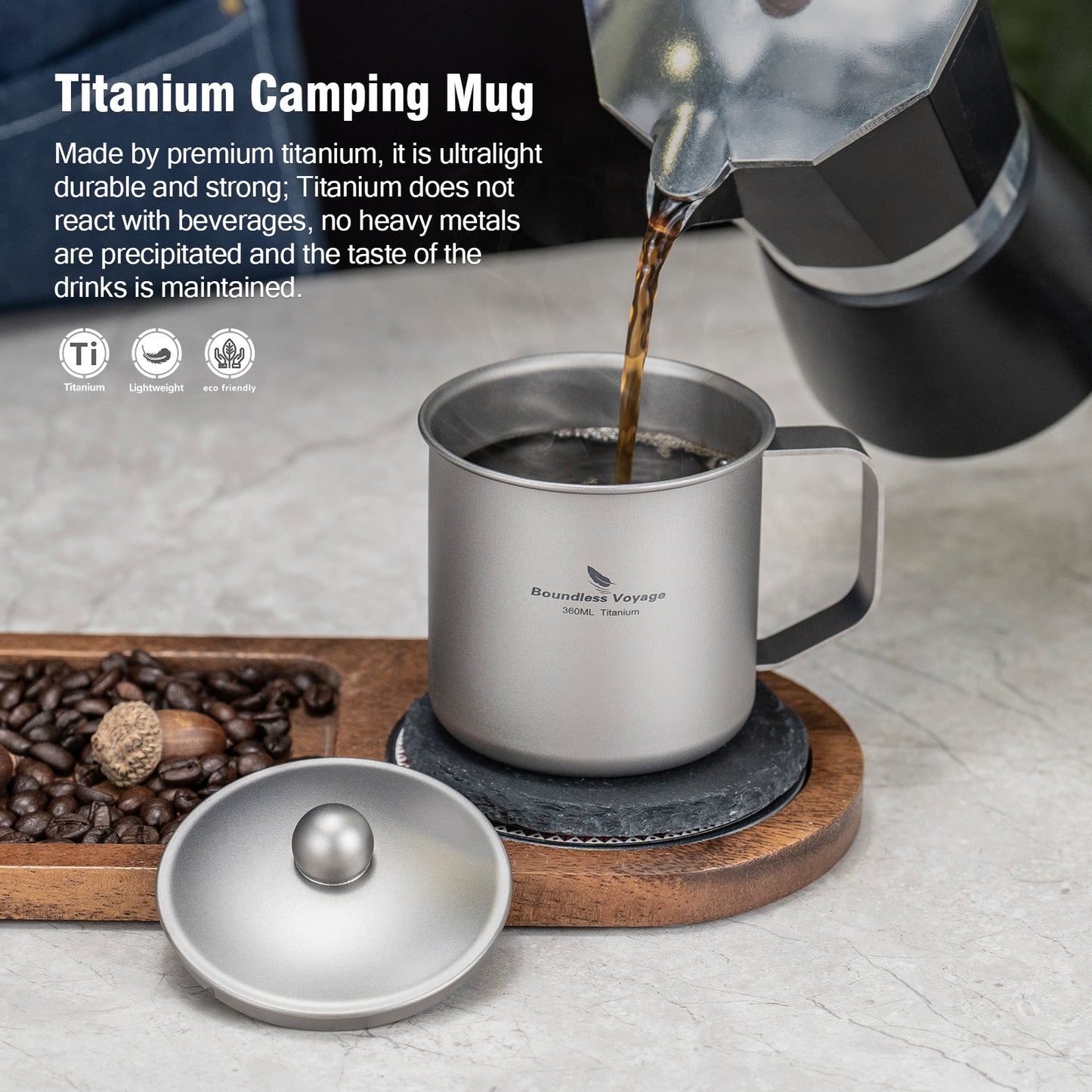 Boundless Voyage 360ml Pure Titanium Camping Mug with Lid | Ultralight Portable Drinking Cup for Hiking, Backpacking, Picnic & Outdoor Cooking Ti3023D