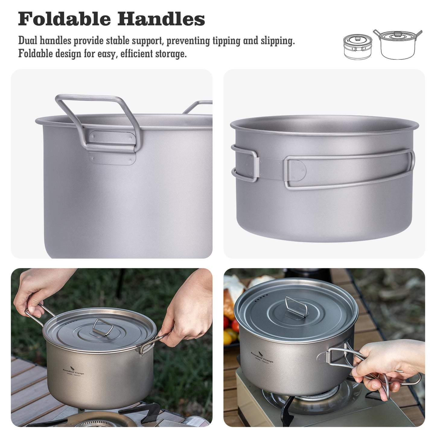 Boundless Voyage Lightweight Titanium Pot Outdoor Portable Cooking Set hiking Backpacking Pot for Hiking Trekking Picnic Fishing Mountaineering