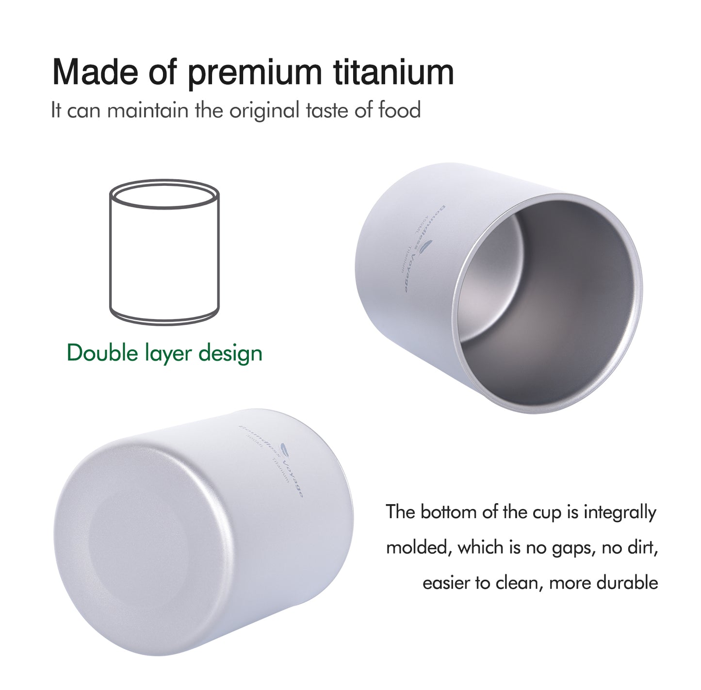 Boundless Voyage Pure Titanium Double-Walled Cup | 120ml/180ml/300ml/450ml Ultralight Anti-Scald Insulated Coffee Mug, Non-Toxic Travel Cup for Camping, Hiking, Home & Office Ti3027D-Ti3032D