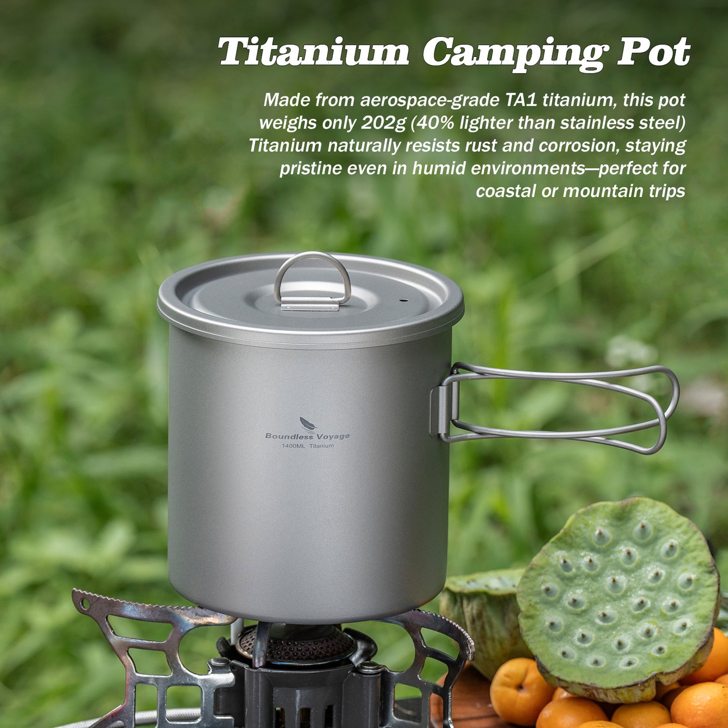 Boundless Voyage 1400ml Pure Titanium Camping Pot | Ultralight Backpacking Cookware with Lid & Foldable Handle for Hiking Camping