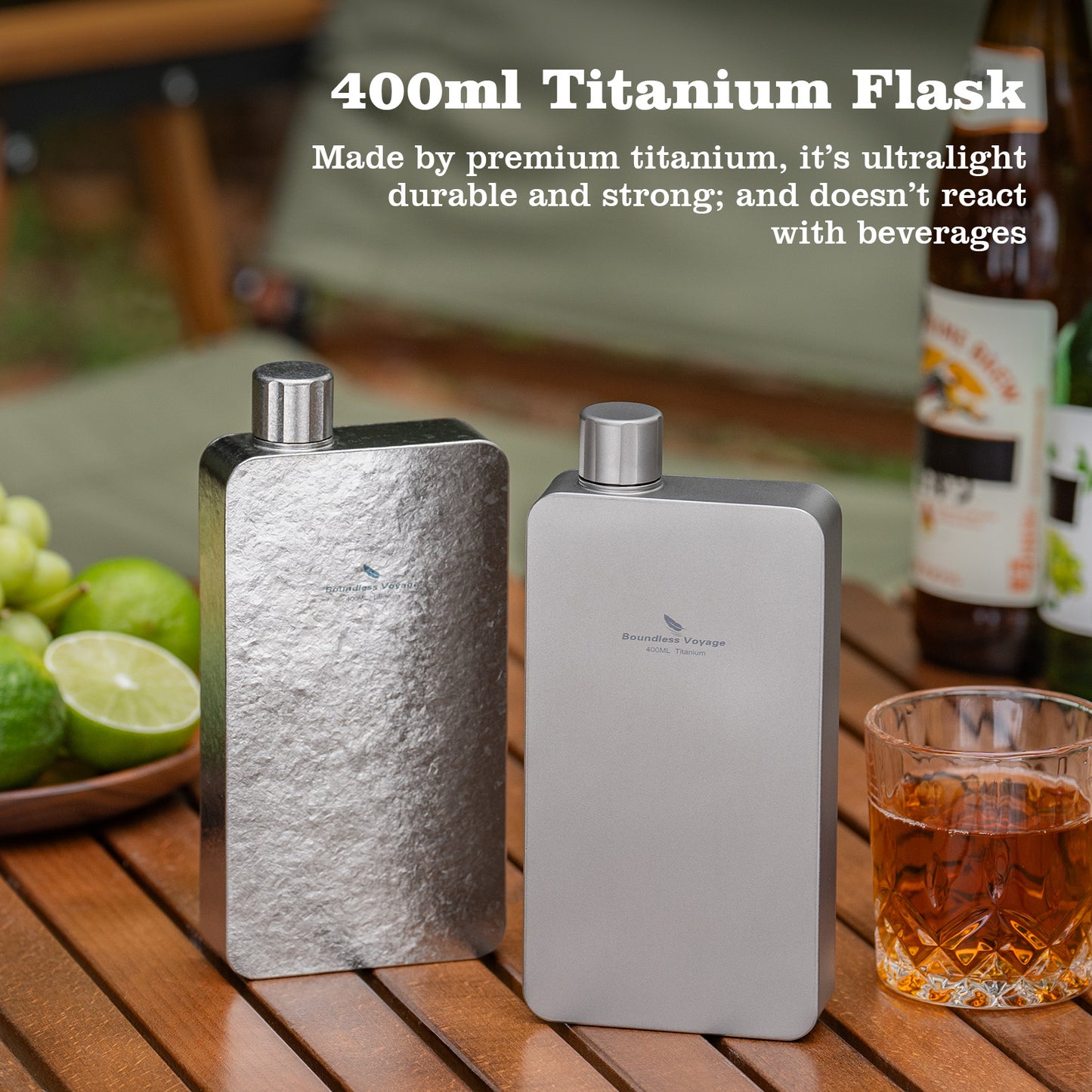Boundless Voyage Titanium Flask 400ml, Camping & Travel Metal Liquor Bottle, Ultra-Light Square Design, Gift for Men & Outdoor Enthusiasts