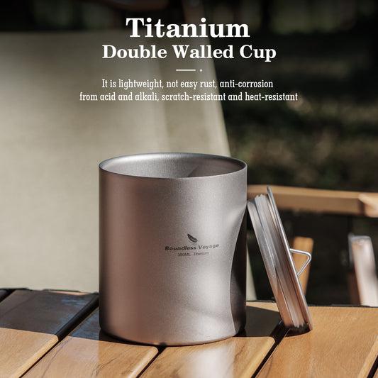 Boundless Voyage 350ml Pure Titanium Double Walled Cup with Lid | Ultralight Anti-Scald Insulated Coffee Mug for Outdoor Camping Hiking Home Office Use Ti3022D