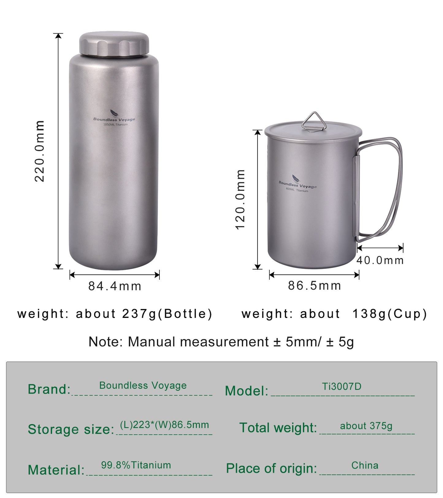 Boundless Voyage 1050ml Titanium Water Bottle with 600ml Flat Lid Nesting Cup, Portable Pure Titanium Survival Canteen Mug Kit, Lightweight Travel Tableware for Hiking Bushcraft Picnic Ti3007D