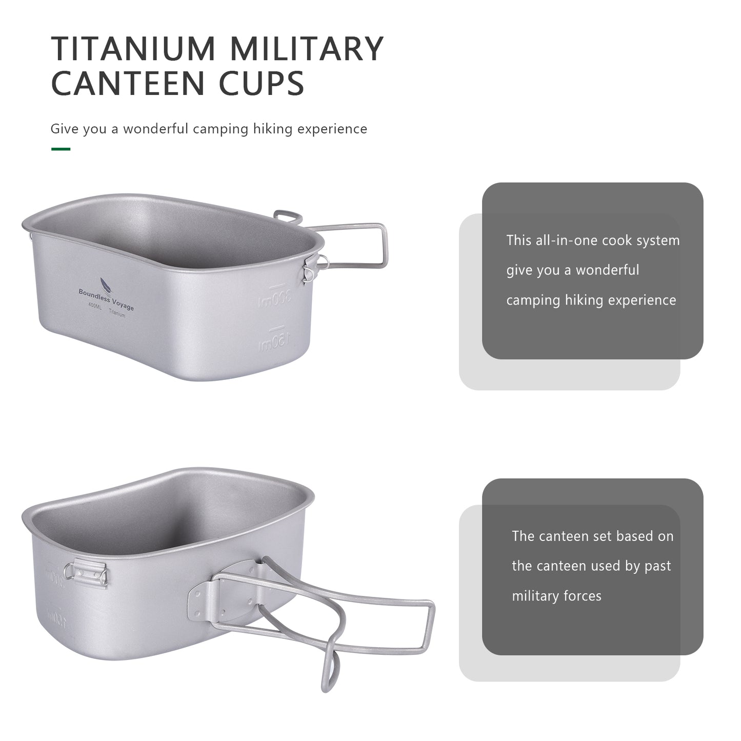 Boundless Voyage Titanium Military Canteen Cups Set Outdoor Camping Water Bottle Bowl Kettle Cooking Set Mess Kit Ti2047C-Ti2049C