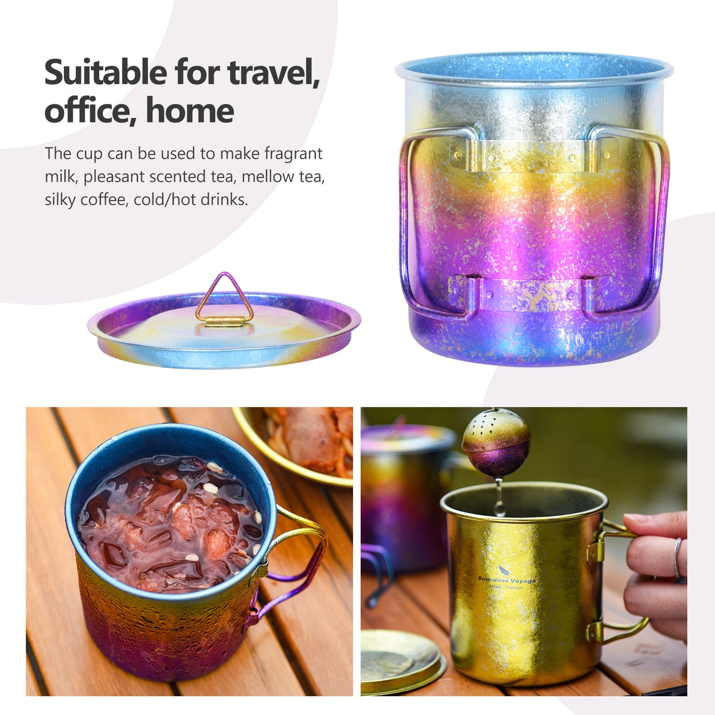 Boundless Voyage 450ml / 15oz Ultralight Titanium Camping Cup with Lid, Portable Drinking Mug for Hiking, Garden & Outdoor Travel Ti3055D