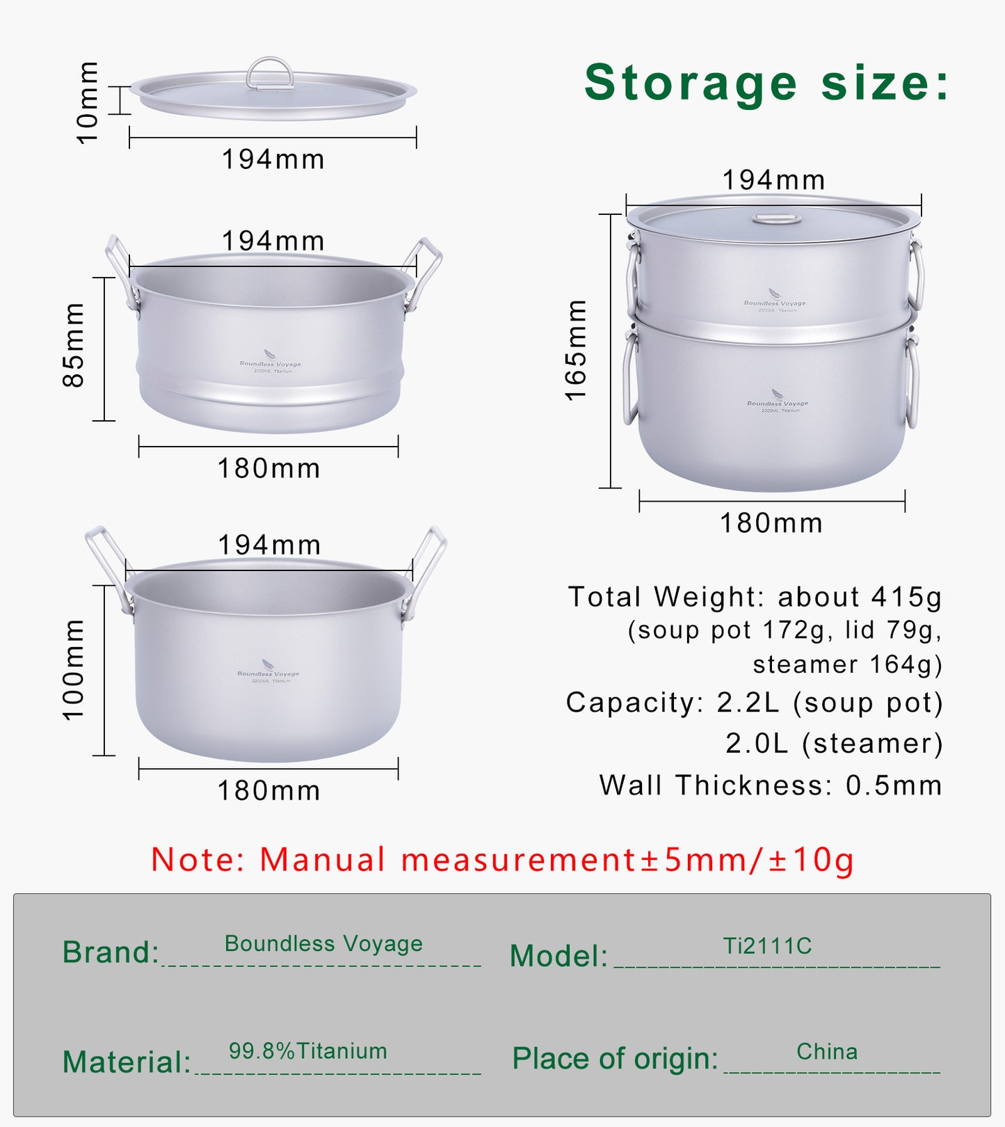 Boundless Voyage Titanium Soup Pot & Steamer Set 2.2L, Foldable Handle Camping Cookware for Hiking Kitchen Ti2111C