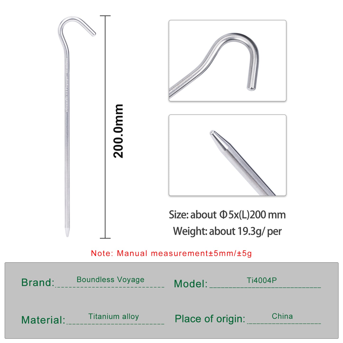 Boundless Voyage 20cm Titanium Alloy Tent Stakes | Ultralight Heavy Duty Ground Pegs, Portable Outdoor Camping Accessories, 6Pcs Pack  Ti4004P