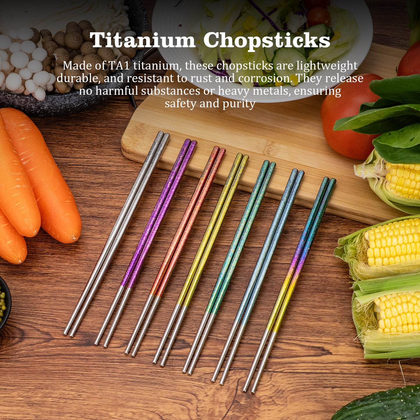 Boundless Voyage 23cm Colorful Pure Titanium Chopsticks | Ultralight Non-Slip Reusable Cutlery with Carry Bag for Camping, Hiking, Travel & Daily Home Use Ti1005T