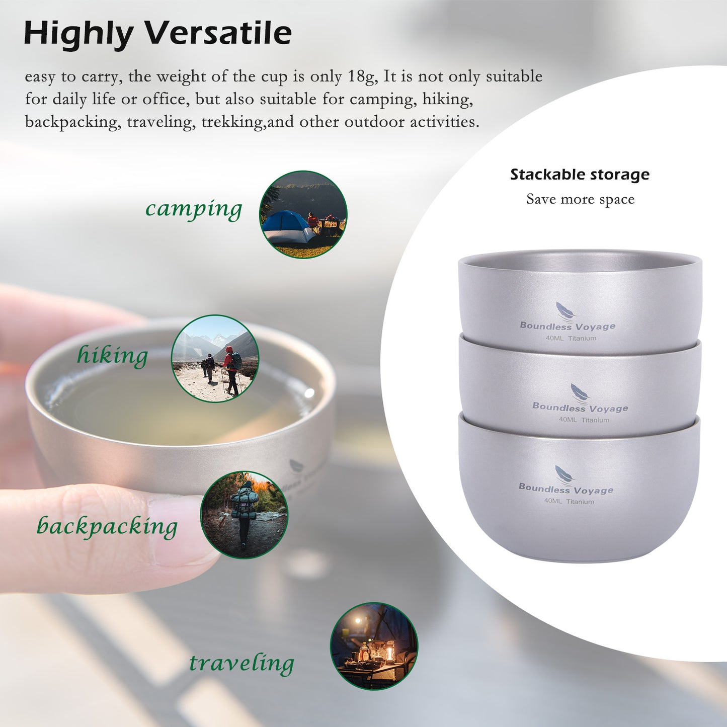 Boundless Voyage 40ml Sandblasted Matte Finish Double-Wall Titanium Sake Cup & Kung Fu Tea Cup, Portable Mini Mug for Camping, Picnic & Daily Home Use Ti3204D