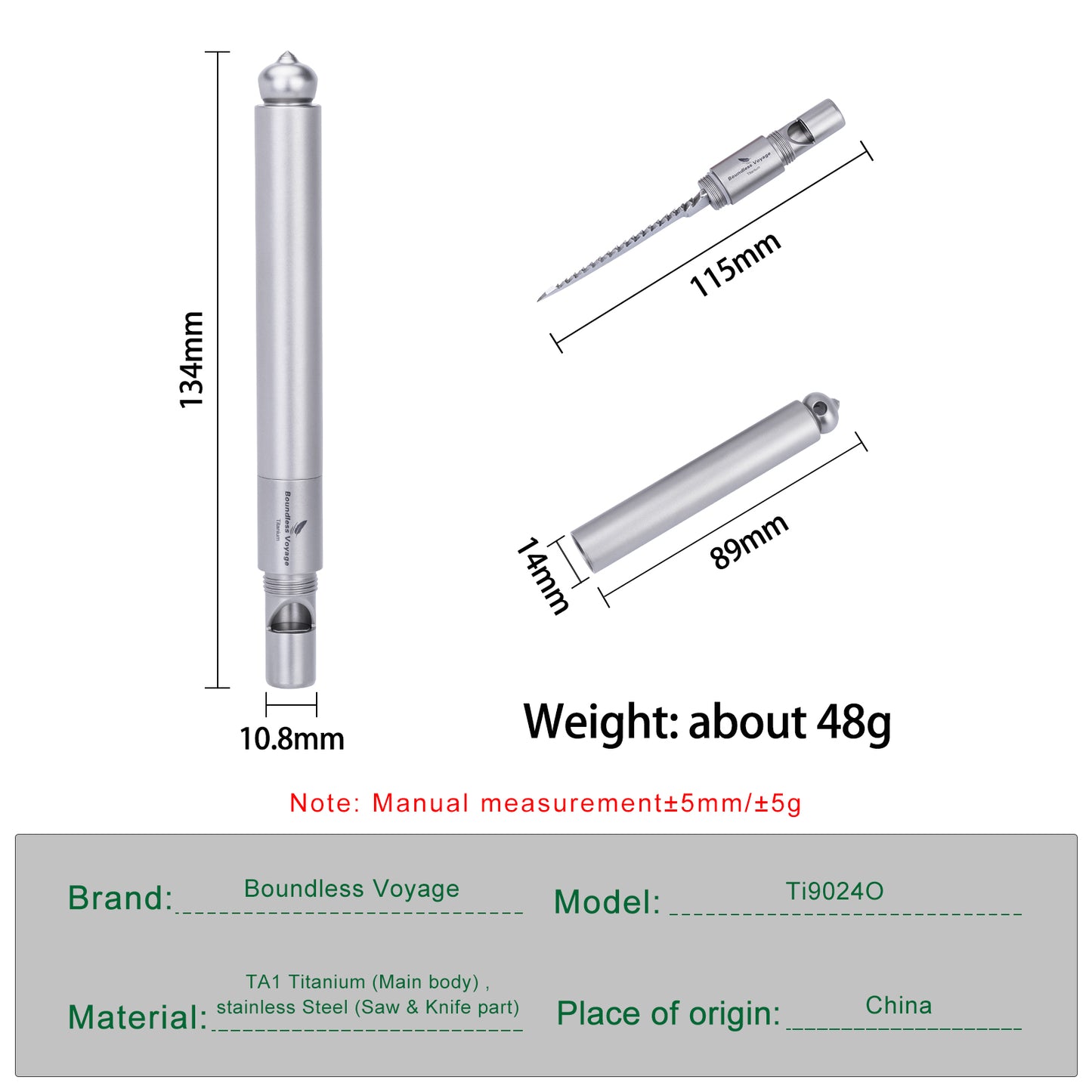 Boundless Voyage Titanium Survival Whistle Portable Camping Saw Knife Awl 4-in-1 EDC Outdoor Gear Multi-Purpose Tool for Hiking, Hunting, Pets Training Ti9024O