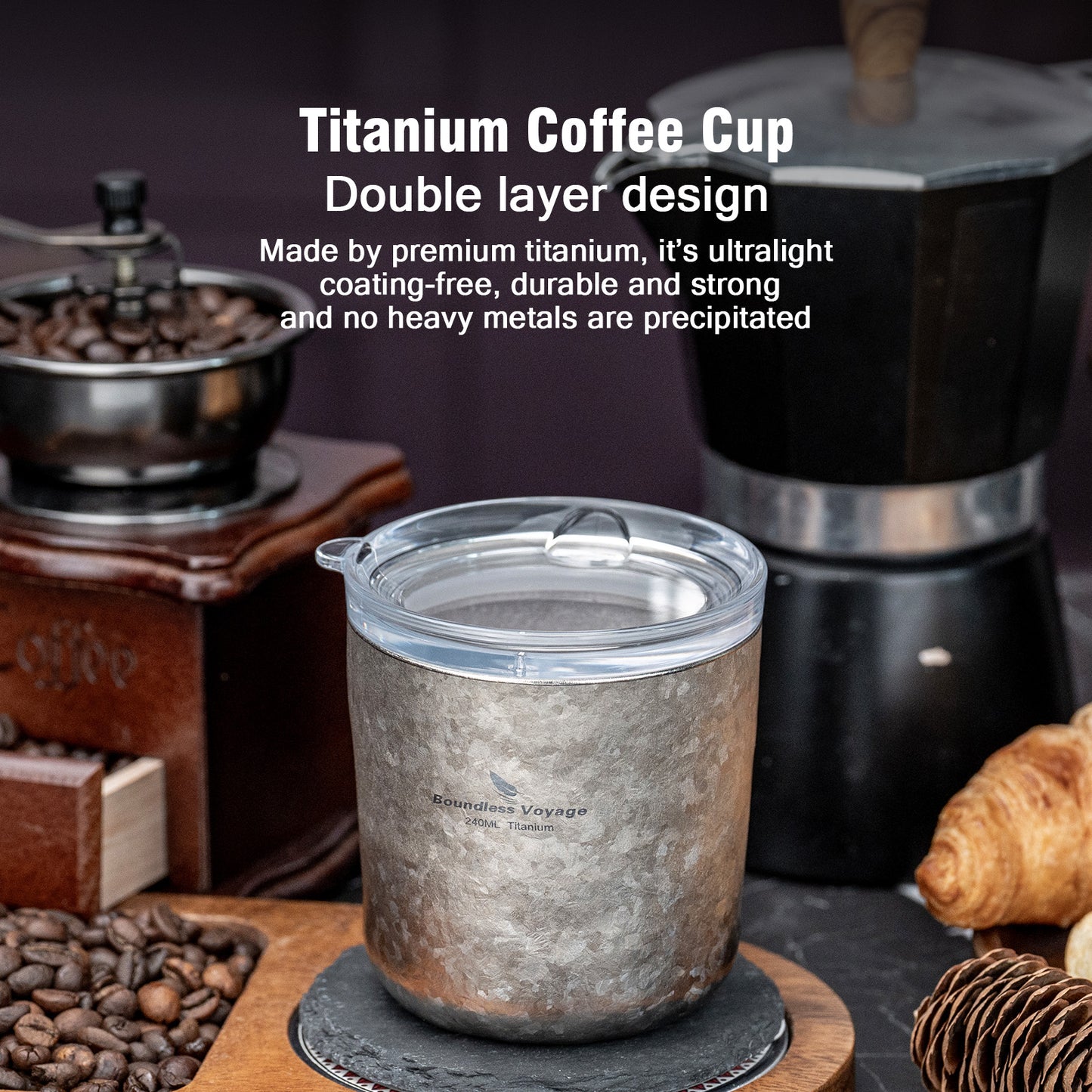 Boundless Voyage 240ml Pure Titanium Double Wall Coffee Cup with Lid, Portable Mug for Wine, Tea & Water Ti3238D