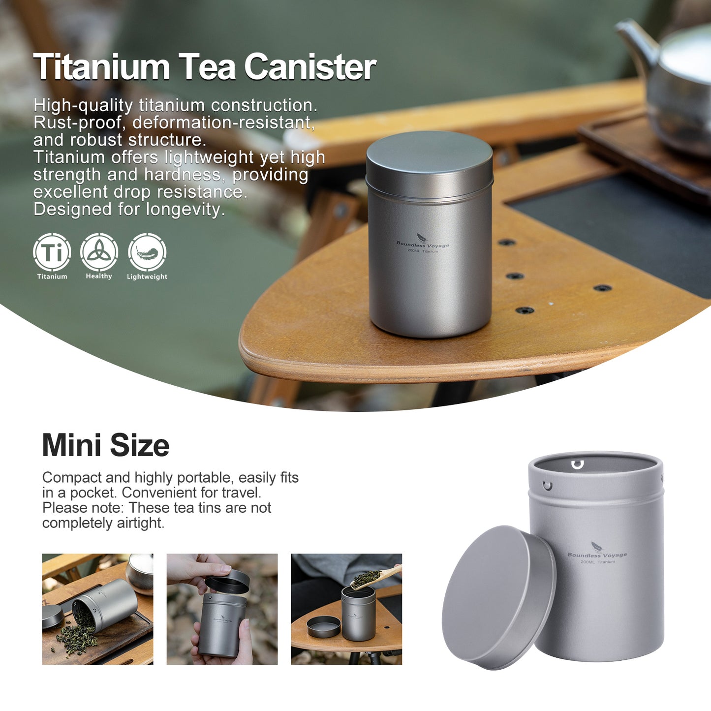 Boundless Voyage Titanium Tea Caddy Tea Canister Ultralight Portable & Small Round Kitchen Food Storage Container for Loose Tea, Coffee, Spices, Beans, Sugar Ti3212D