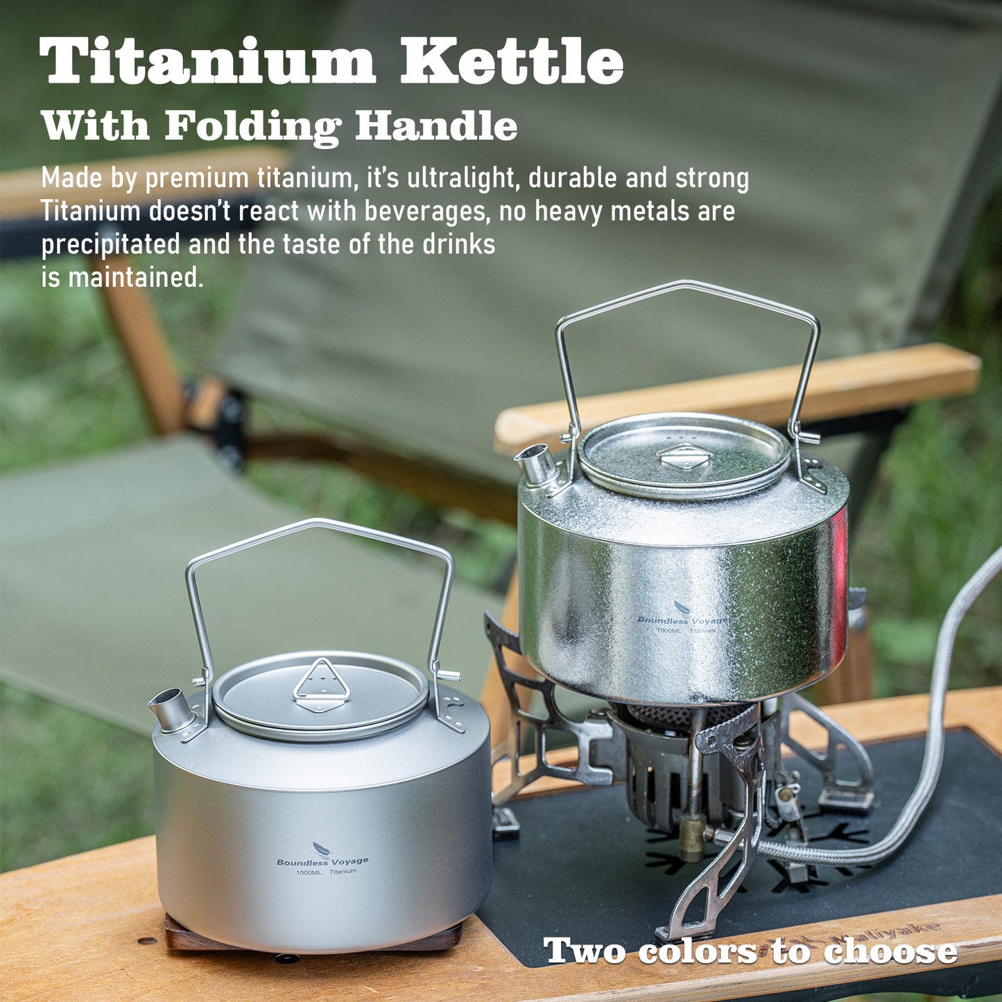 Boundless Voyage 1000ml Ultralight Titanium Camping Kettle with Foldable Handle & Steam Vent Lid, One-Piece Body Water Pot for Outdoor Hiking Backpacking Ti3099D