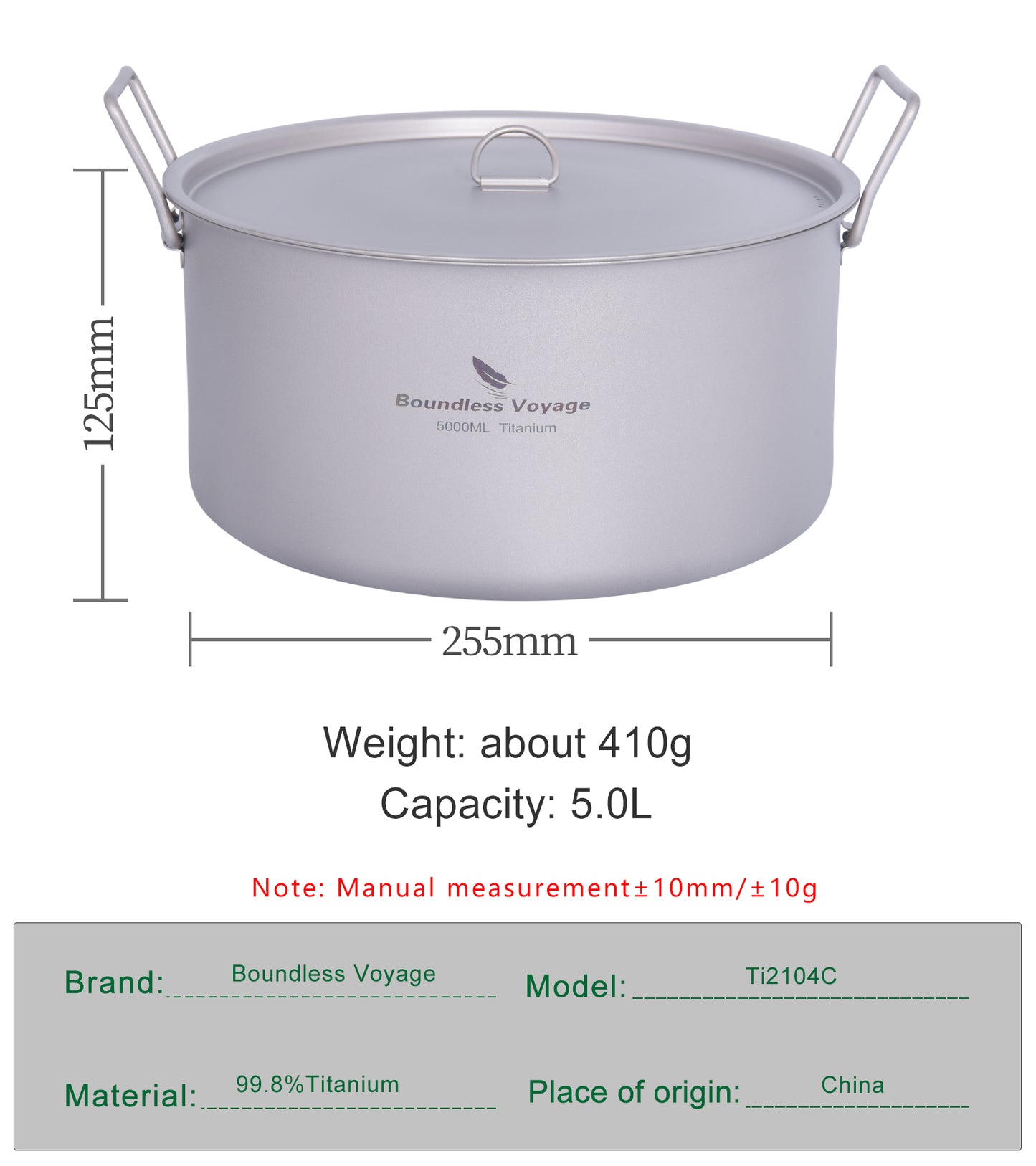 Boundless Voyage 5L Titanium Stock Pot with Lid & Folding Handle, Large Capacity Portable Soup Pot for Outdoor Camping Hiking Picnic & Home Kitchen Ti2104C
