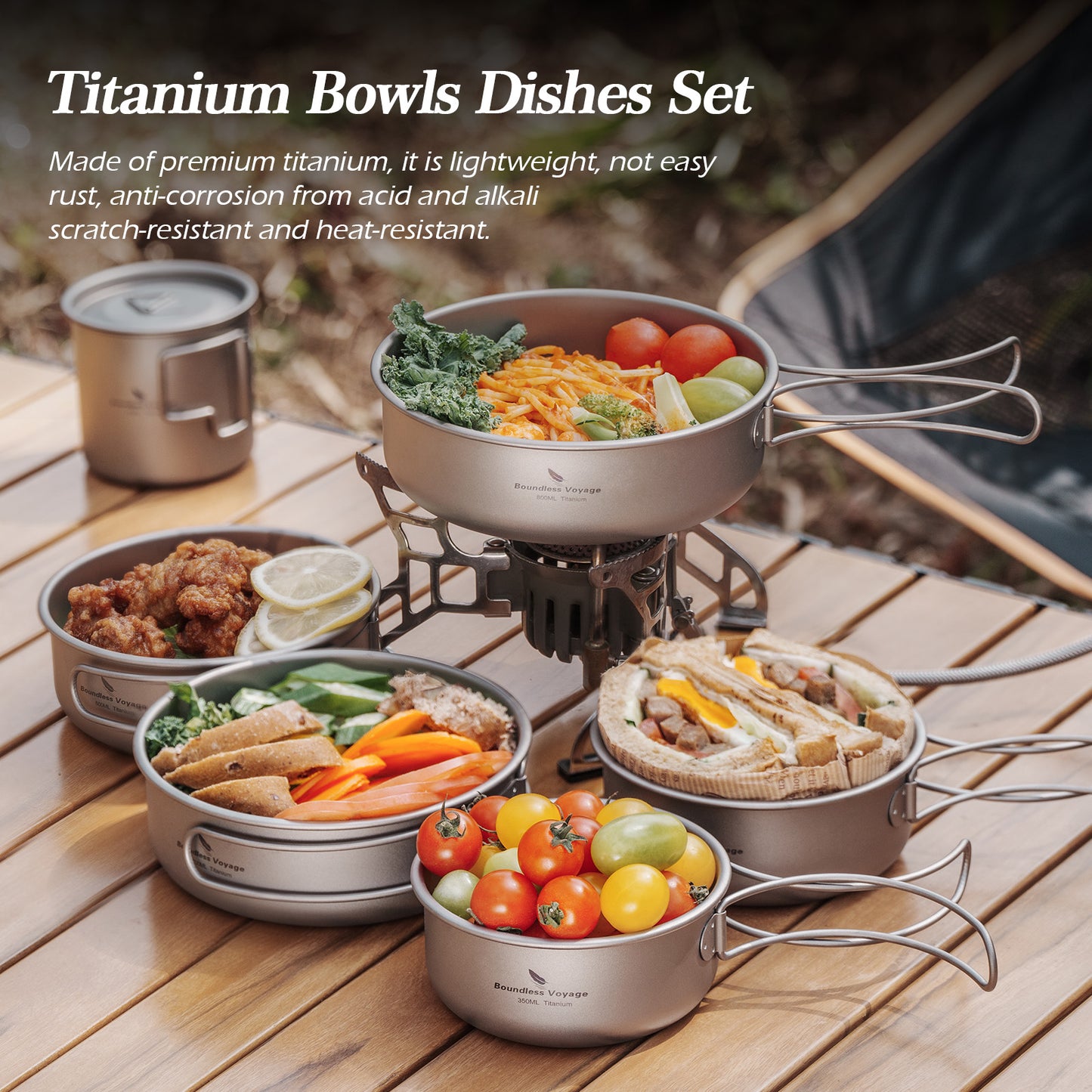 Boundless Voyage 5Pcs Pure Titanium Bowl Set with Foldable Handles, Portable Outdoor Camping Tableware Plates Dishes, 350/500/600/700/800ml Ti1096T