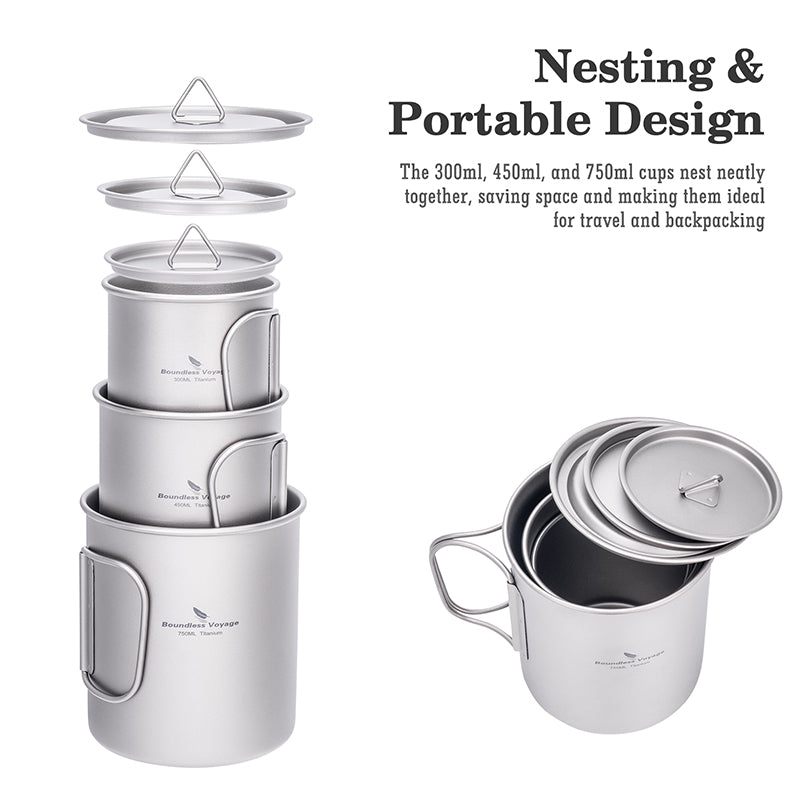 Boundless Voyage Titanium Camping Cup with Lid 300ml 450ml 750ml Stackable Lightweight Mug Pot for Backpacking, Hiking, Travel Durable Portable Cookware for Ultralight Outdoor Enthusiasts Ti3247D-Ti3250D