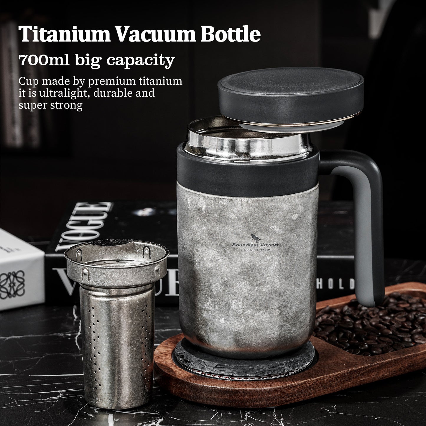 Boundless Voyage 700ml Pure Titanium Double Wall Insulated Cup with Lid & Coffee Filter, Portable Reusable Travel Mug, Keeps Hot & Cold Drinks Ti3237D