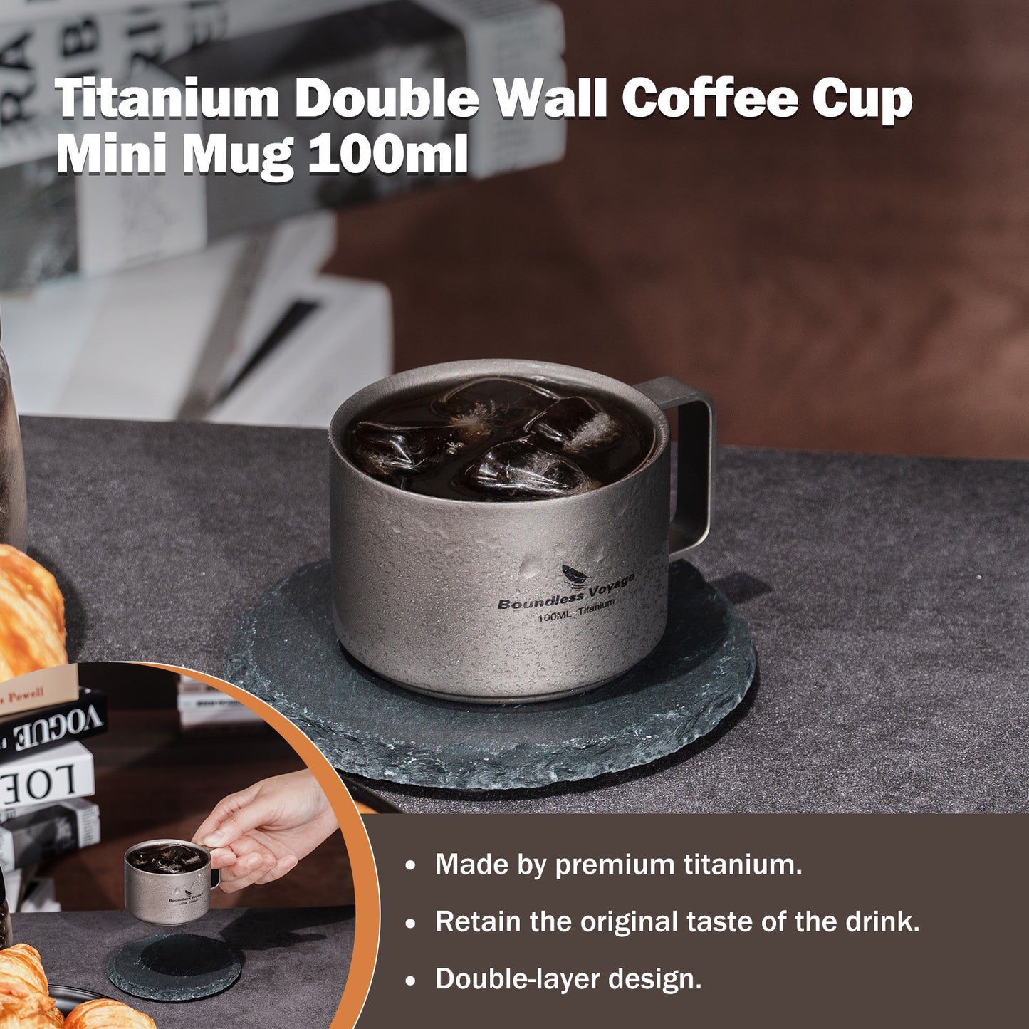 Boundless Voyage 100ml Double Wall Pure Titanium Mini Coffee Mug | Ultralight Portable Cup for Camping, Hiking & Picnic Ti3085D