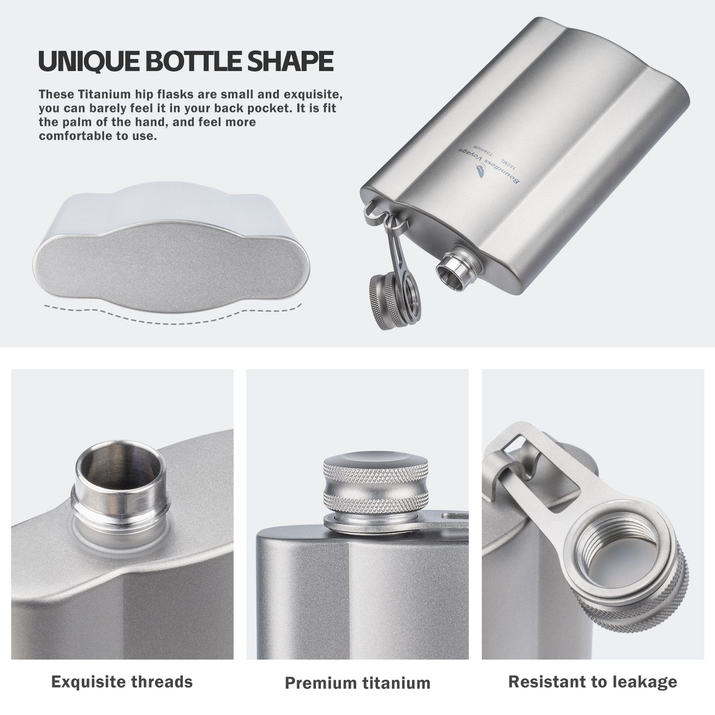 Boundless Voyage Titanium Hip Flask 180ml / 240ml Rust-Free Ultralight Small Liquor Flask Bottle for Whiskey Vodka Wine Outdoor Portable Travel Outdoor Ti3071D / Ti3072D/ Ti3073D