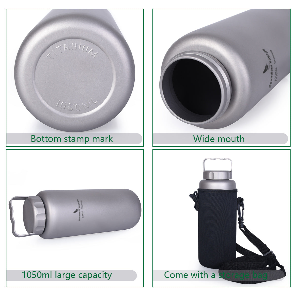Boundless Voyage Titanium Water Bottle 1050ml/35.5 oz with Handle Outdoor Leak-Proof Wide Mouth Sport Drinking Bottle Camping Tea Coffee Canteen Kettle for Hiking Climbing Running Ti3006D