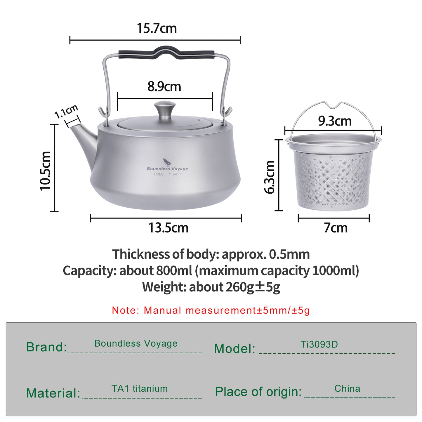 Boundless Voyage 800ml Pure Titanium Kettle with Filter & Foldable Handle, Ultralight Camping Teapot Ti3093D