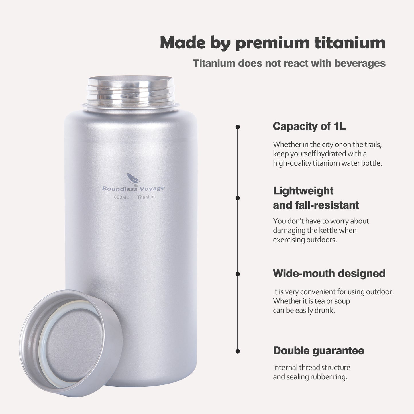 Boundless Voyage Titanium Bottle 1 Liter Single-layer Sports Water Bottle Ultralight Leakproof Drinkware for Outdoor Camping Hiking Ti3013D