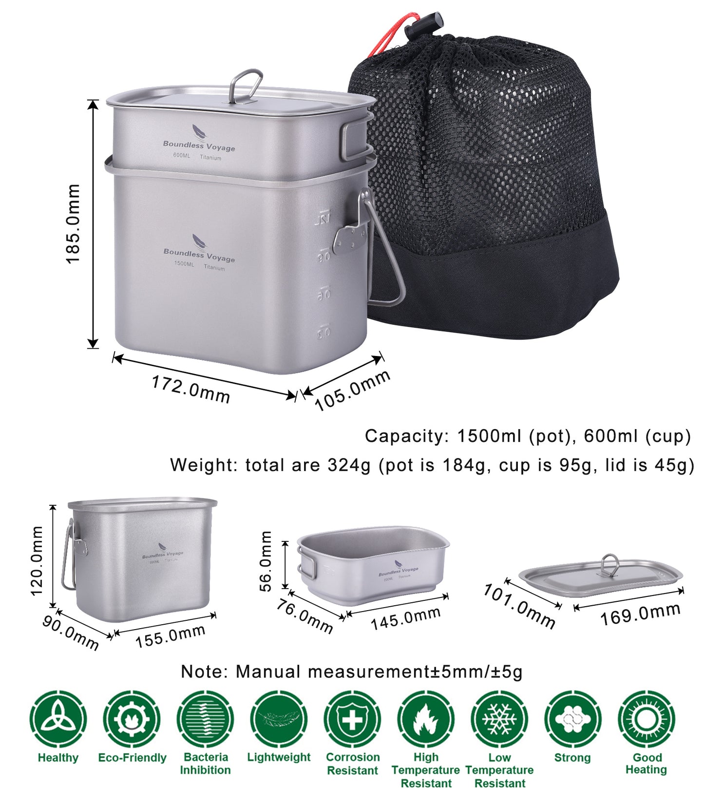 Boundless Voyage Titanium Hanging Cookware Set, 1500ml Pot + 600ml Cup with Lid & Foldable Handles, Ultralight Portable Outdoor Camping Mess Kit Ti2059C