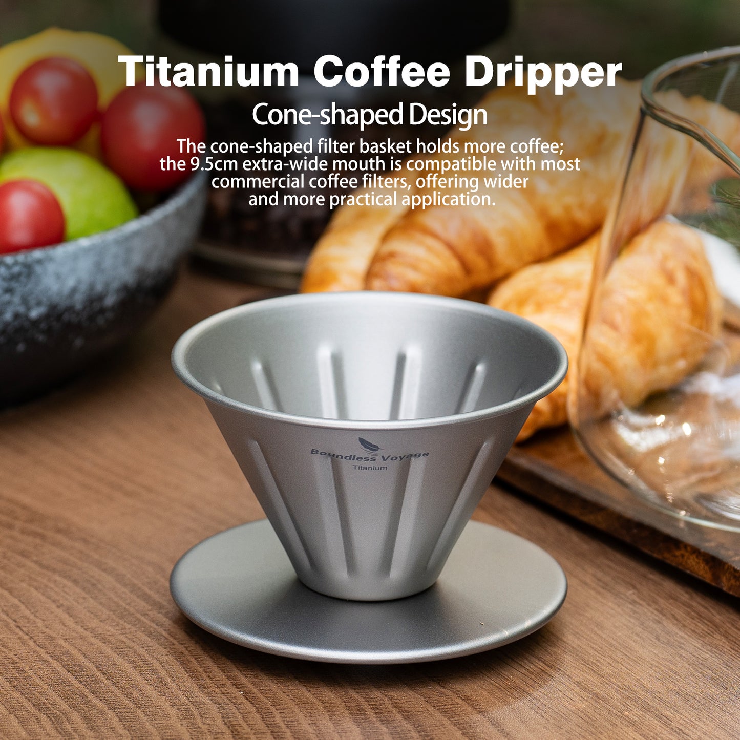 Boundless Voyage Titanium Pour Over Coffee Dripper | Reusable Cone Coffee Strainer Filter, 1-2 Cup Single Serve Coffee Brewer for Travel Camping Home Ti6005P