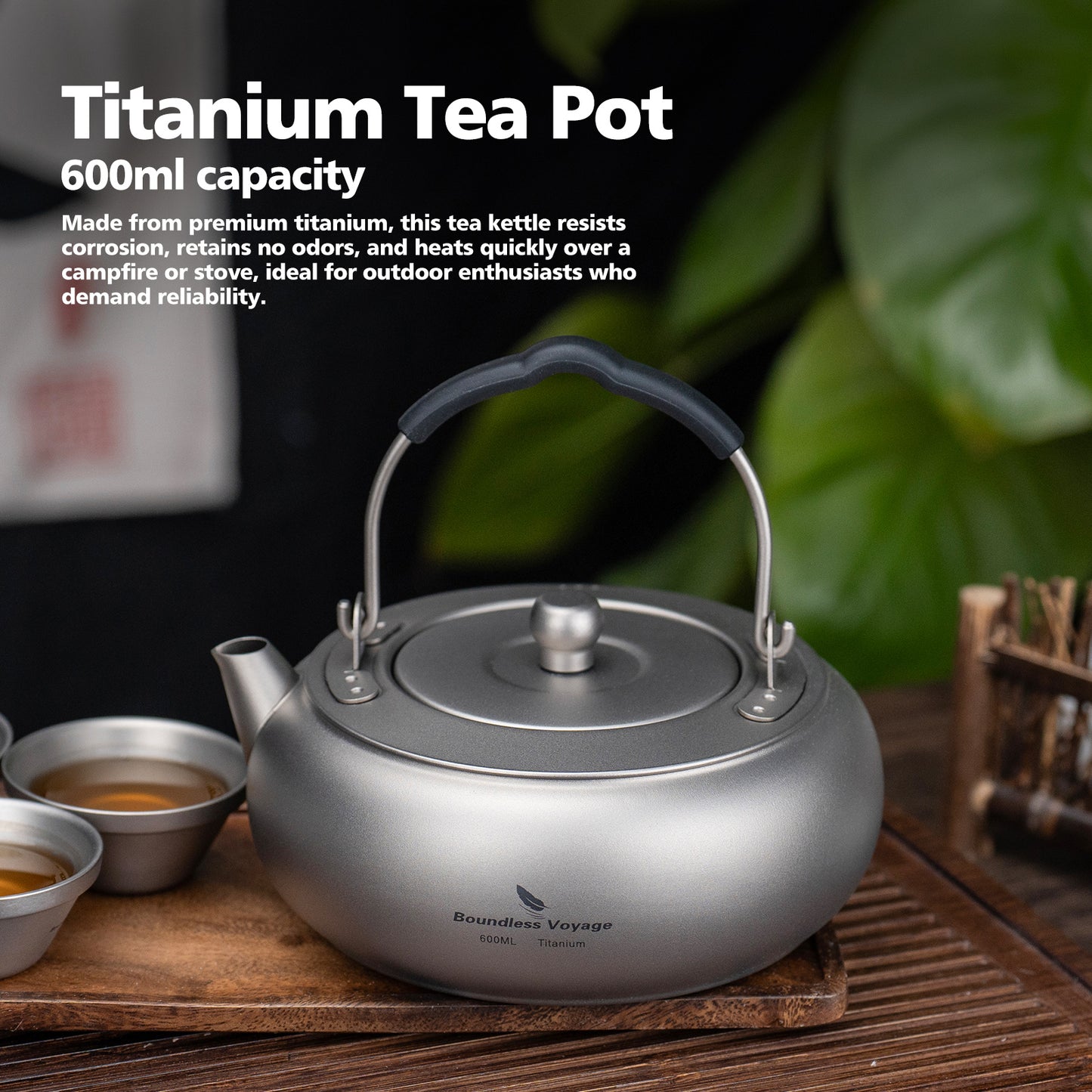 Boundless Voyage 600ml Compact Pure Titanium Camping Kettle | Durable Lightweight Teapot with Foldable Handle & Built-In Filter for Backpacking, Hiking, Coffee and Tea Ti3105D