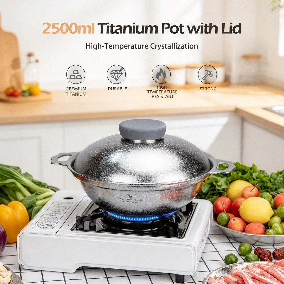 Boundless Voyage 2500ml titanium stovetop pot with lid on burner for home kitchen