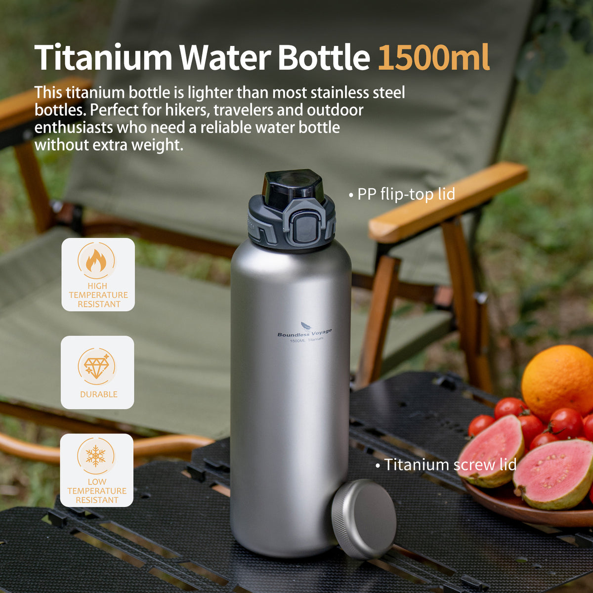 Ultralight Boundless Voyage 1500ml titanium water bottle on outdoor camping table