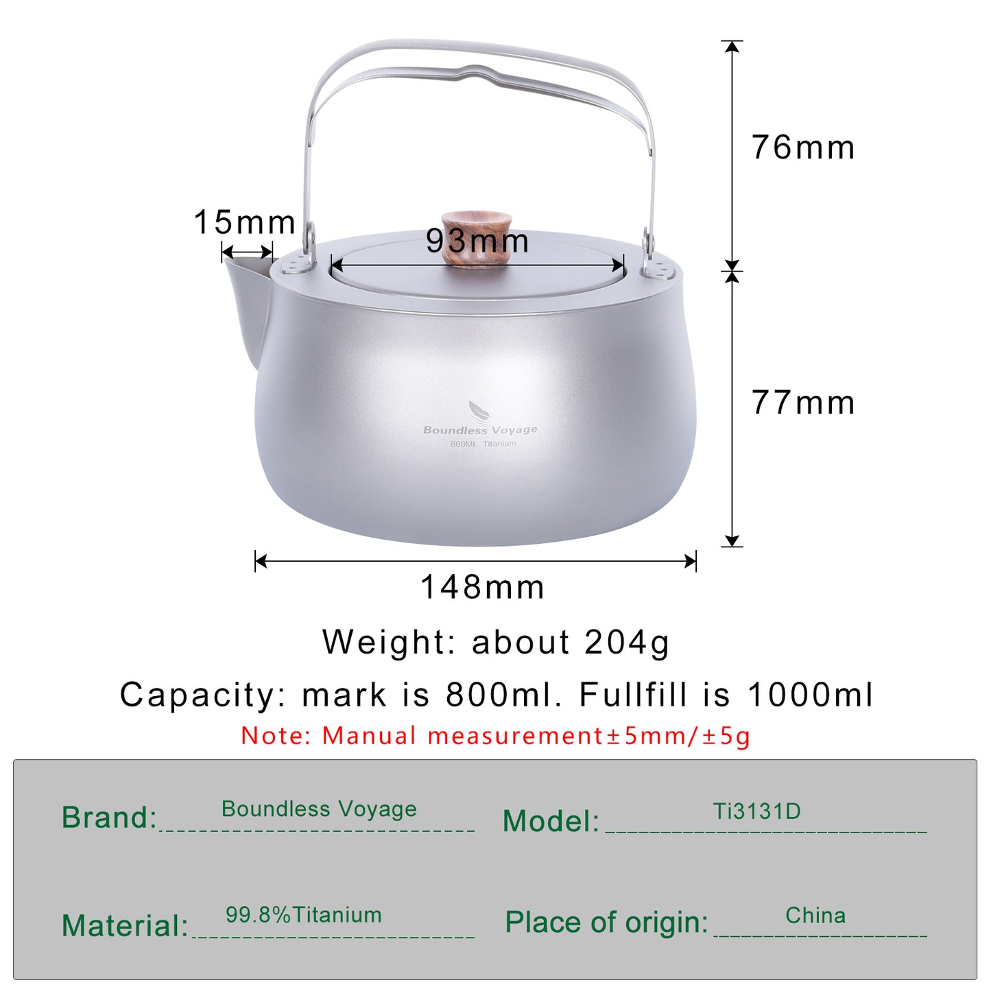 Boundless Voyage 800ml Pure Titanium Camping Kettle | Durable Lightweight Teapot with Foldable Handle for Backpacking, Hiking, Coffee and Tea Ti3131D