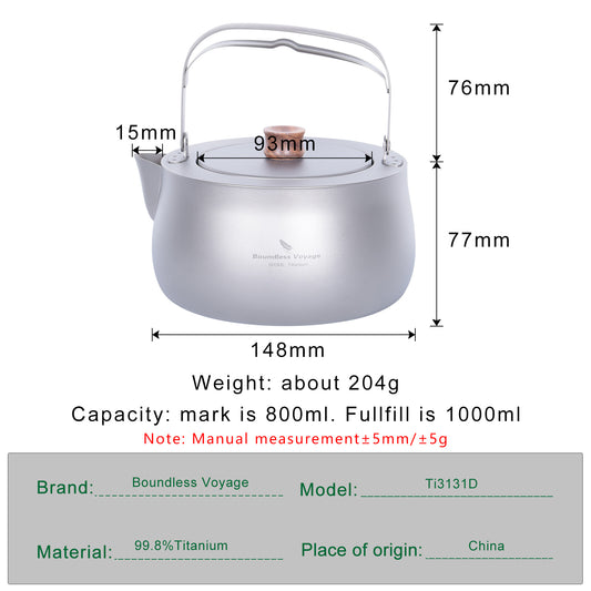 Boundless Voyage 800ml Titanium Camping Kettle, Foldable Handle & Built-in Filter, Ultralight Teapot for Backpacking Ti3131D