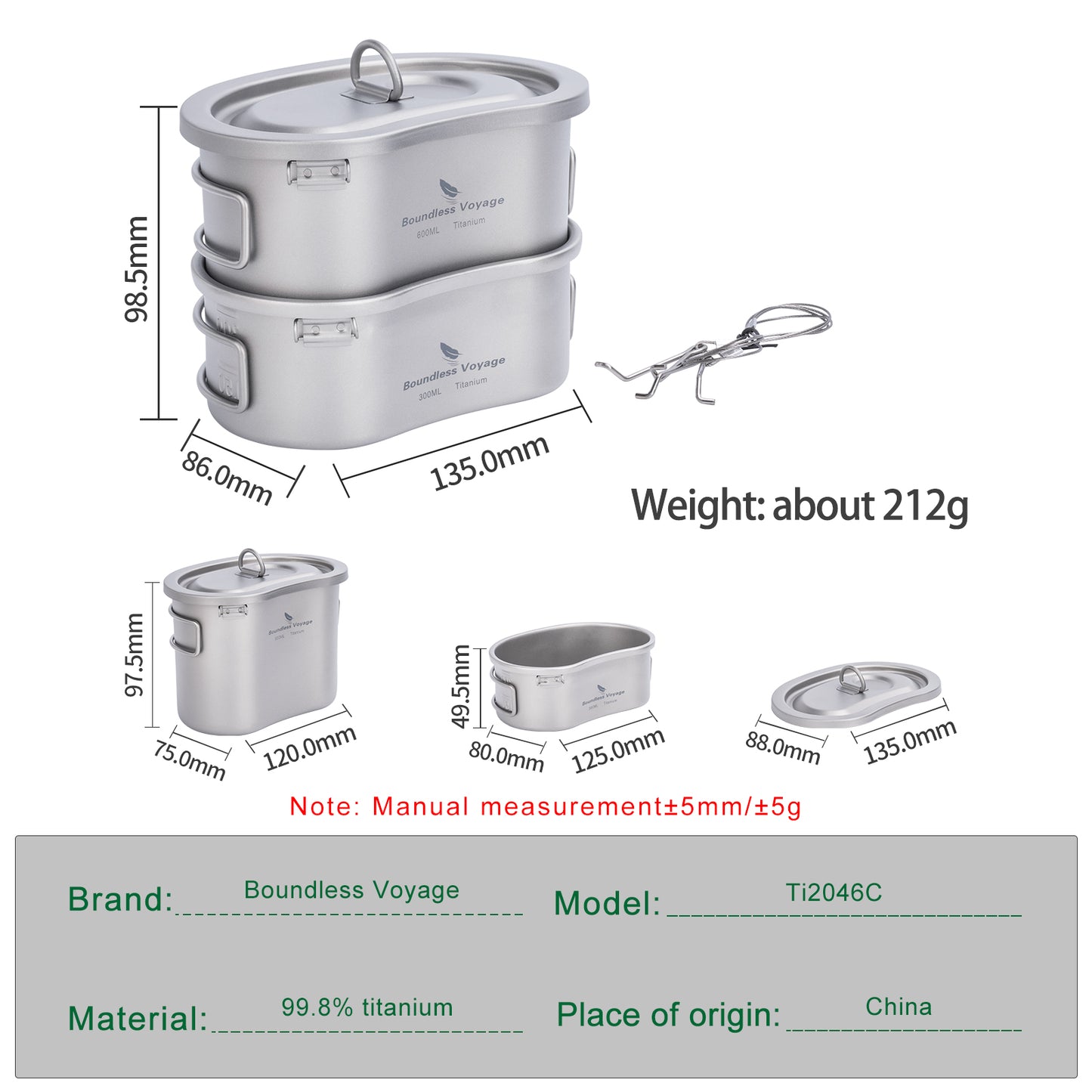 Boundless Voyage Titanium Canteen Mess Kit with Lid and Folding Handle 300ml+600ml Ultralight Portable Bowl Pot Cup Mug for Outdoor Camping Hiking Backpacking Ti2046C