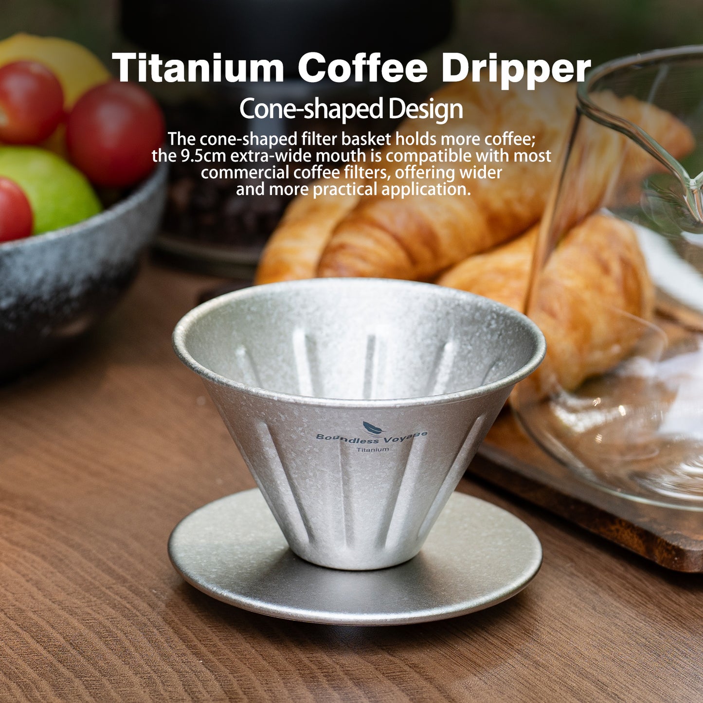 Boundless Voyage Titanium Pour Over Coffee Dripper | Reusable Cone Coffee Strainer Filter, 1-2 Cup Single Serve Coffee Brewer for Travel Camping Home Ti6005P