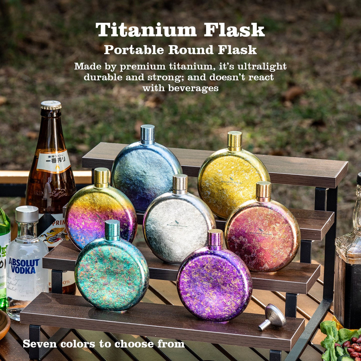 Boundless Voyage Titanium Crystallized Flask 180ml Portable Round Wine Bottle With Titanium Crystallized Funnel Whiskey Alcohol Drink ware Accessories Ti3264D