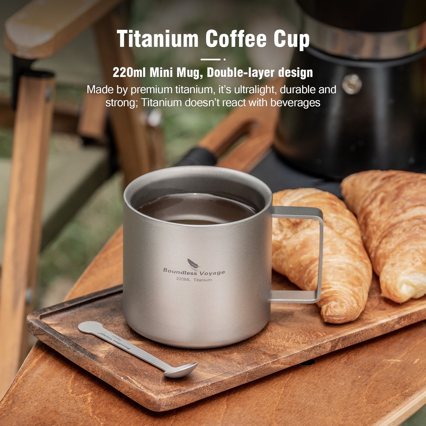 Boundless Voyage 220ml Double Wall Titanium Coffee Cup, Lightweight Portable Insulated Mug, Outdoor Camping Travel Tableware Ti3052D